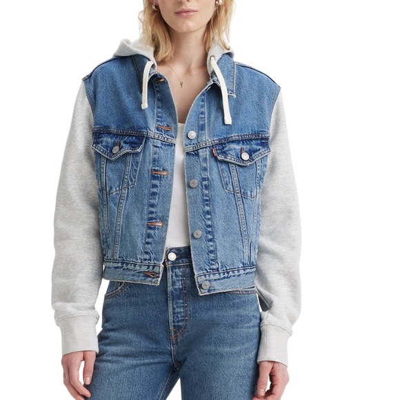 Levi’s Women's Hybrid Denim Hoodie Trucker Jacket Blue Gray 100% Cotton size S - Picture 2 of 10